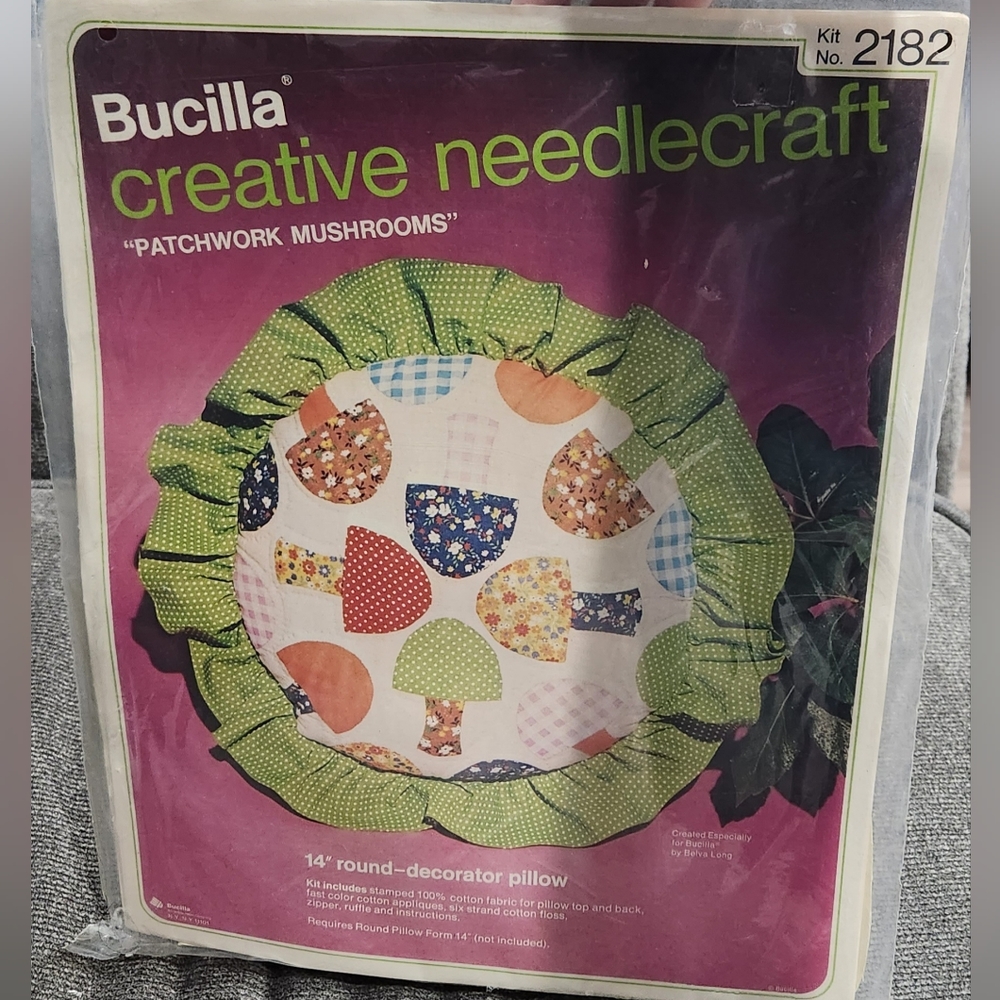 NWT vintage 70s Bucilla creative needlecraft Patchwork Mushrooms pillow.